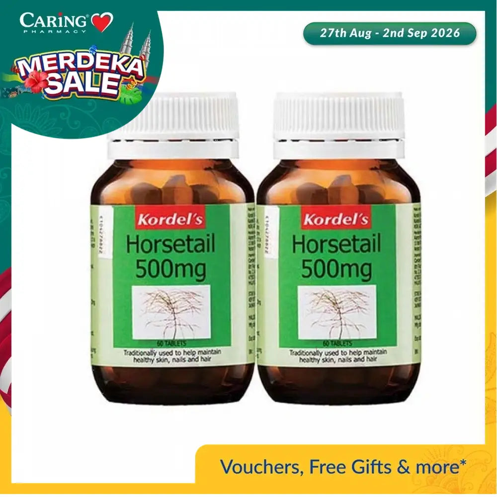 Kordel's Horsetail 500mg supplement bottles for healthy skin, nails, and hair support