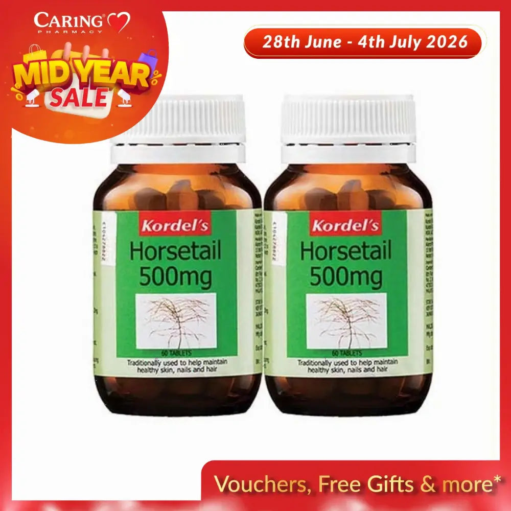 Kordel's Horsetail 500mg supplement bottles for healthy skin, nails, and hair support