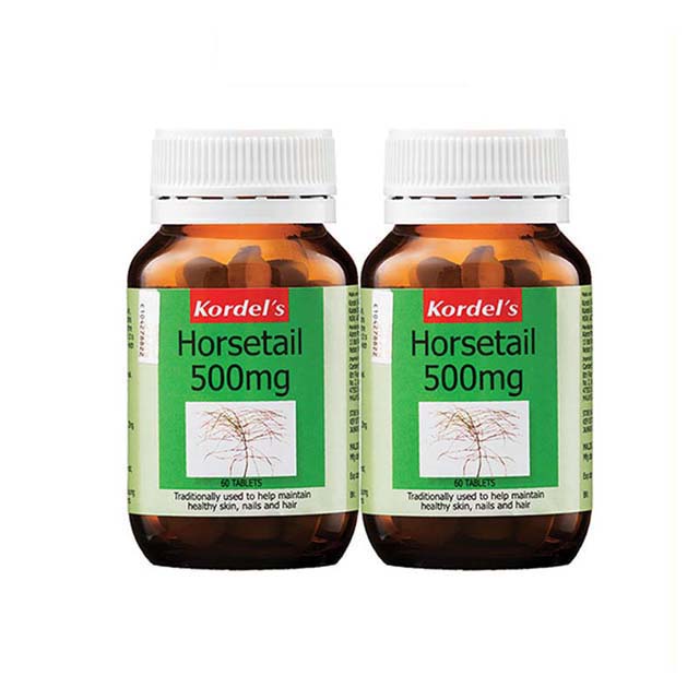 Kordel's Horsetail 500mg supplement bottles for healthy skin, nails, and hair support