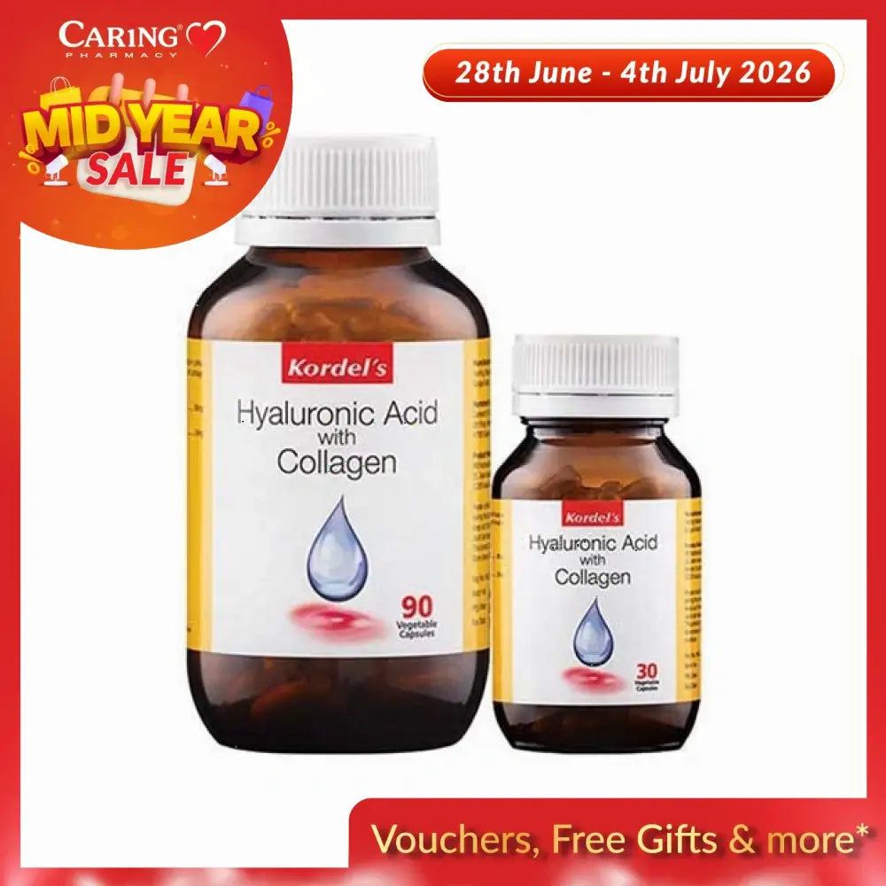 Kordel's hyaluronic acid collagen supplement bottles showing 90 and 30 capsules for healthy skin support