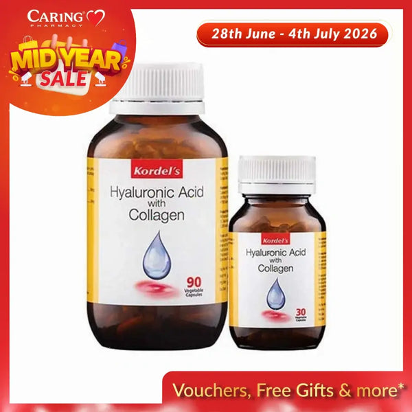 Kordel's hyaluronic acid collagen supplement bottles showing 90 and 30 capsules for healthy skin support