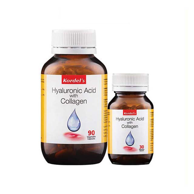 Kordel's hyaluronic acid collagen supplement bottles showing 90 and 30 capsules for healthy skin support