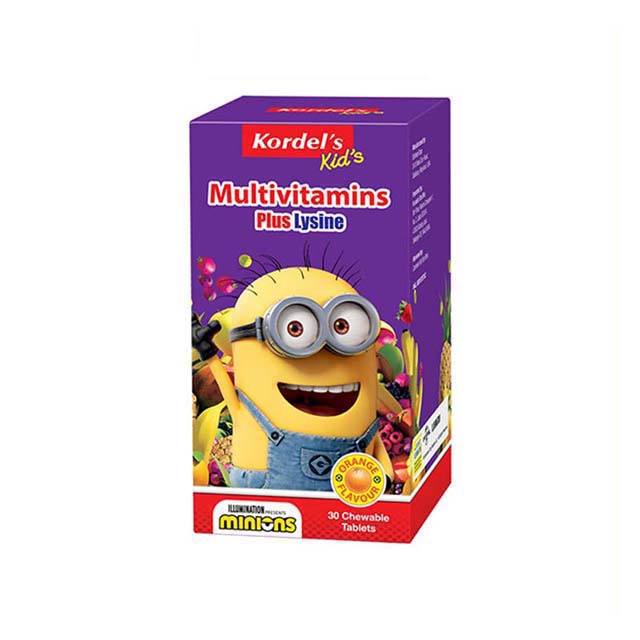 Kordel's Kids Multivitamins with Lysine in a colorful box featuring a Minions character, 30 chewable tablets