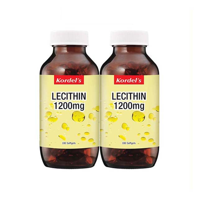 Kordel's Lecithin 1200mg supplement bottles containing 180 softgels each for health support