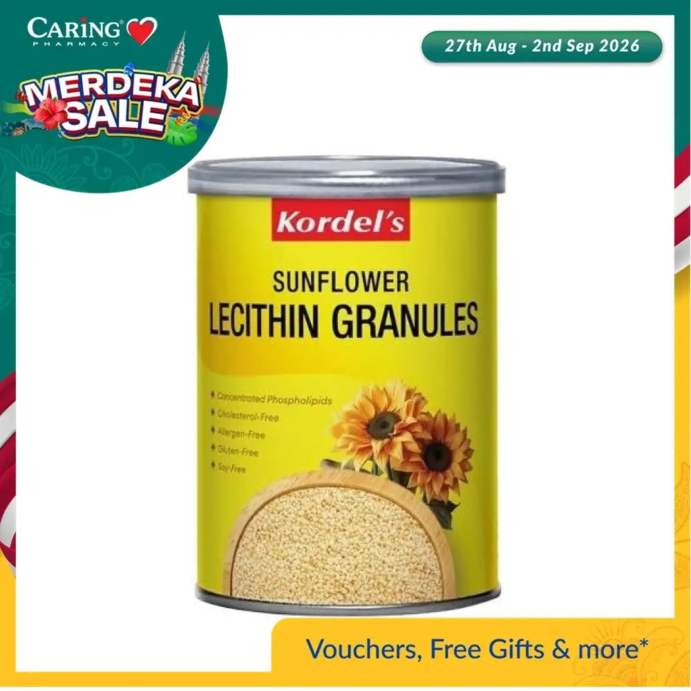 Kordel's Sunflower Lecithin Granules Supplement in a yellow container featuring sunflower imagery