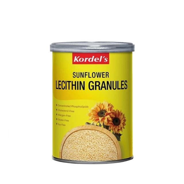 Kordel's Sunflower Lecithin Granules Supplement in a yellow container featuring sunflower imagery