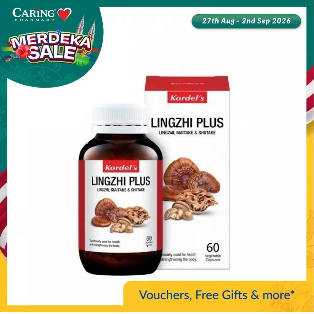 Kordel's Lingzhi Plus capsules in a bottle with 60 vegetable capsules for strengthening the body