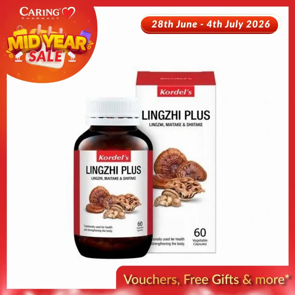 Kordel's Lingzhi Plus capsules in a bottle with 60 vegetable capsules for strengthening the body