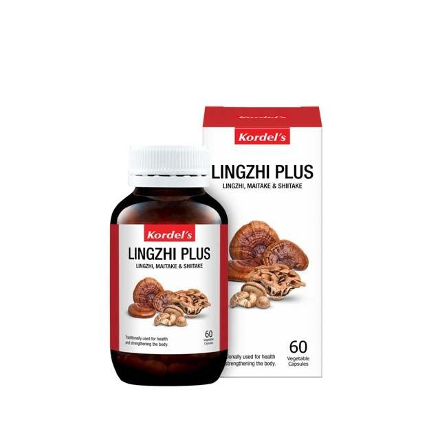 Kordel's Lingzhi Plus capsules in a bottle with 60 vegetable capsules for strengthening the body