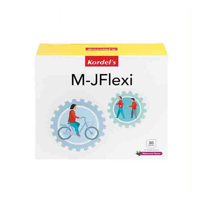 Kordel's M-JFlexi joint supplement box with illustrations promoting joint health and mobility