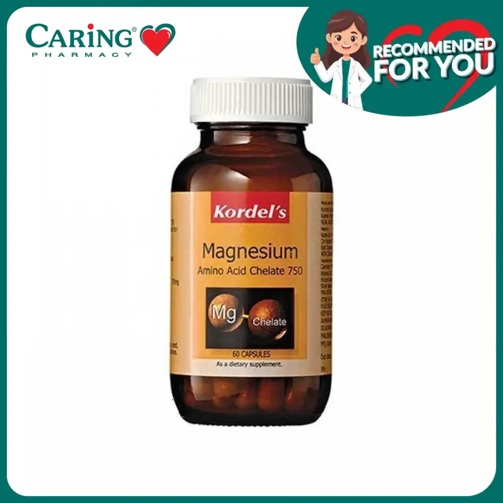Kordel's magnesium amino acid chelate 750 dietary supplement in a brown bottle, containing 60 capsules
