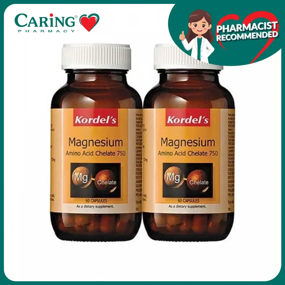 Kordel's Magnesium Amino Acid Chelate 750 supplement in two bottles with 60 capsules each for muscle health
