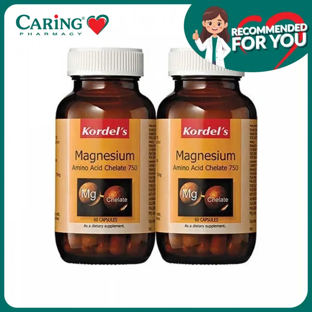 Kordel's Magnesium Amino Acid Chelate 750 supplement in two bottles with 60 capsules each for muscle health