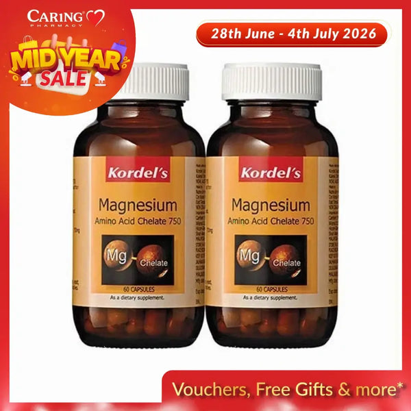 Kordel's Magnesium Amino Acid Chelate 750 supplement in two bottles with 60 capsules each for muscle health