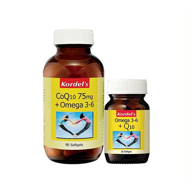 Kordel's Omega 3 6 Q10 supplement bottles featuring softgels for heart health support