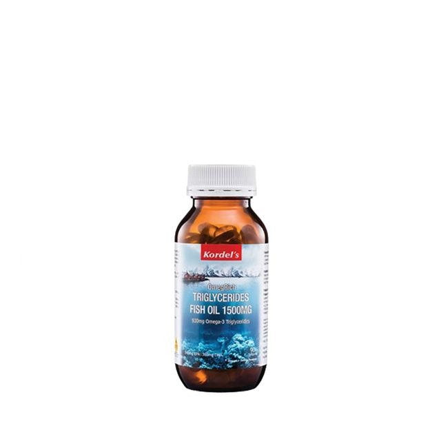 Kordel's Omega-rich fish oil 1500mg in a bottle with softgel capsules for heart health support
