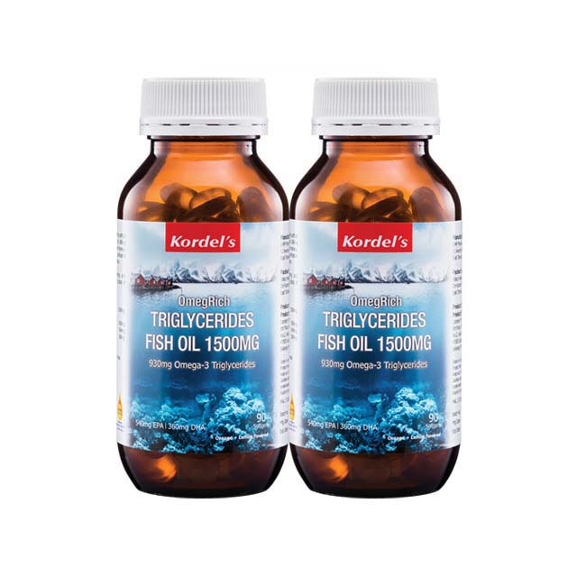 Kordel's OmegaRich fish oil 1500mg bottles with 90 softgel capsules for Omega-3 supplementation