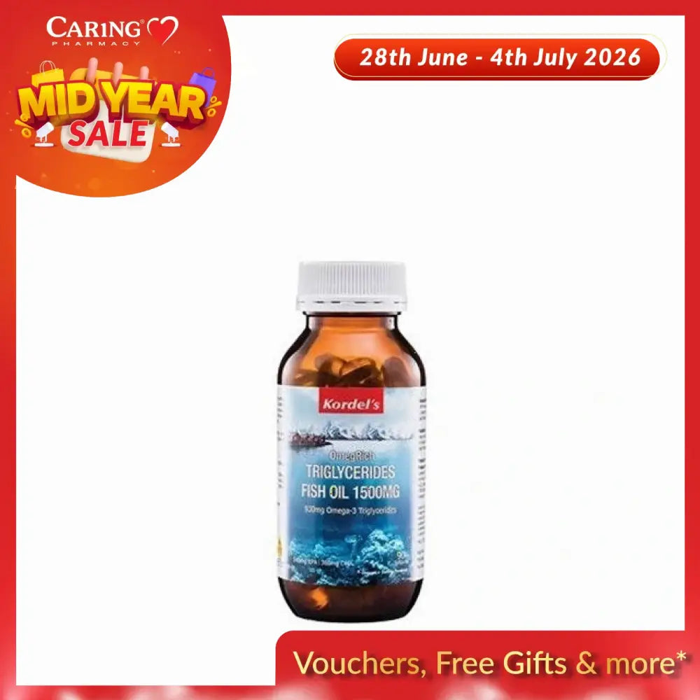 Kordel's Omega-rich fish oil 1500mg in a bottle with softgel capsules for heart health support