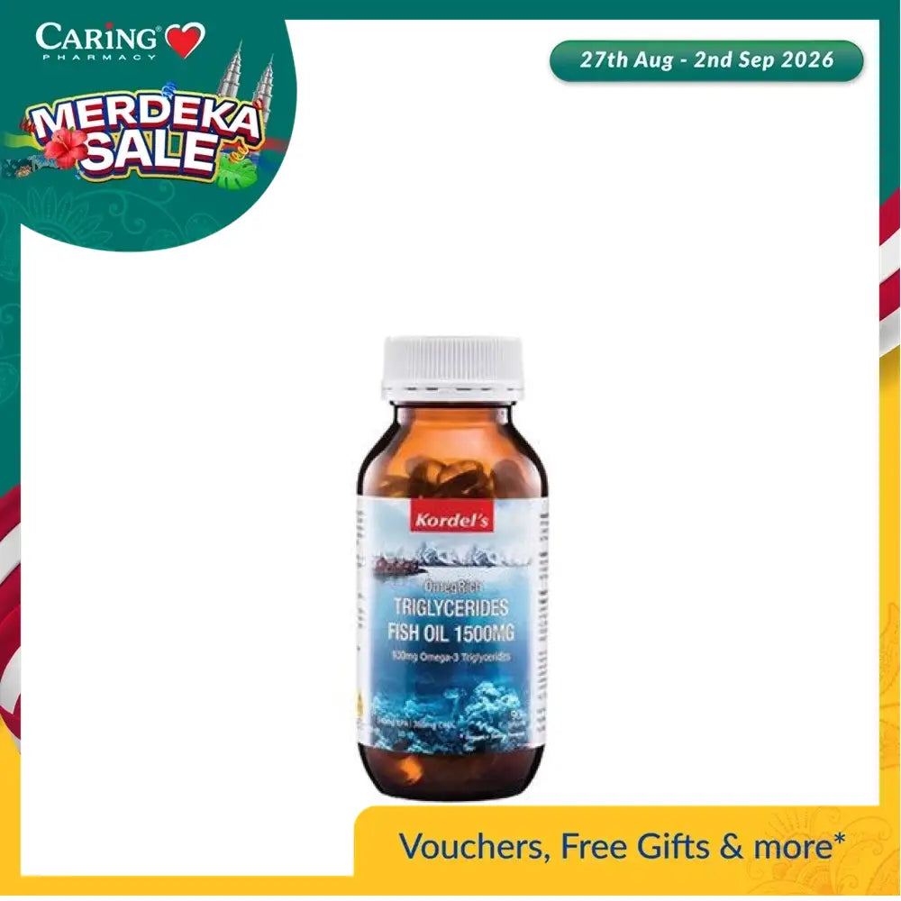 Kordel's Omega-rich fish oil 1500mg in a bottle with softgel capsules for heart health support