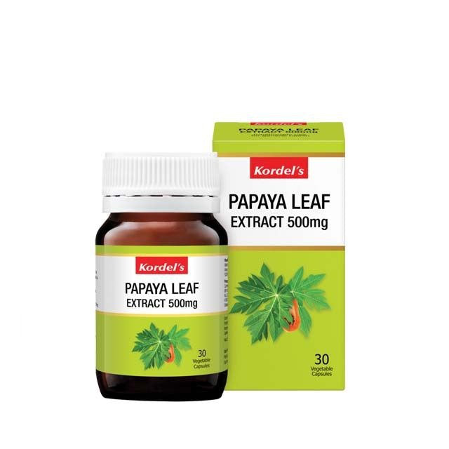 Kordel's papaya leaf extract 500mg in a bottle with 30 vegetable capsules and green packaging