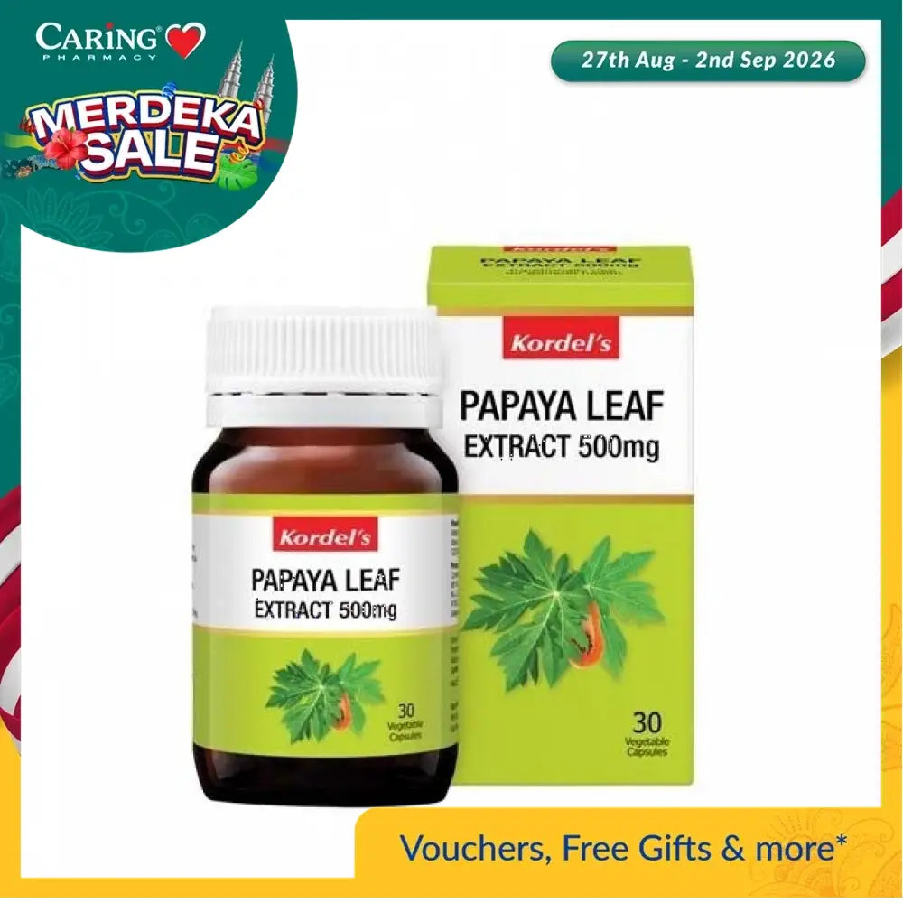 Kordel's papaya leaf extract 500mg in a bottle with 30 vegetable capsules and green packaging
