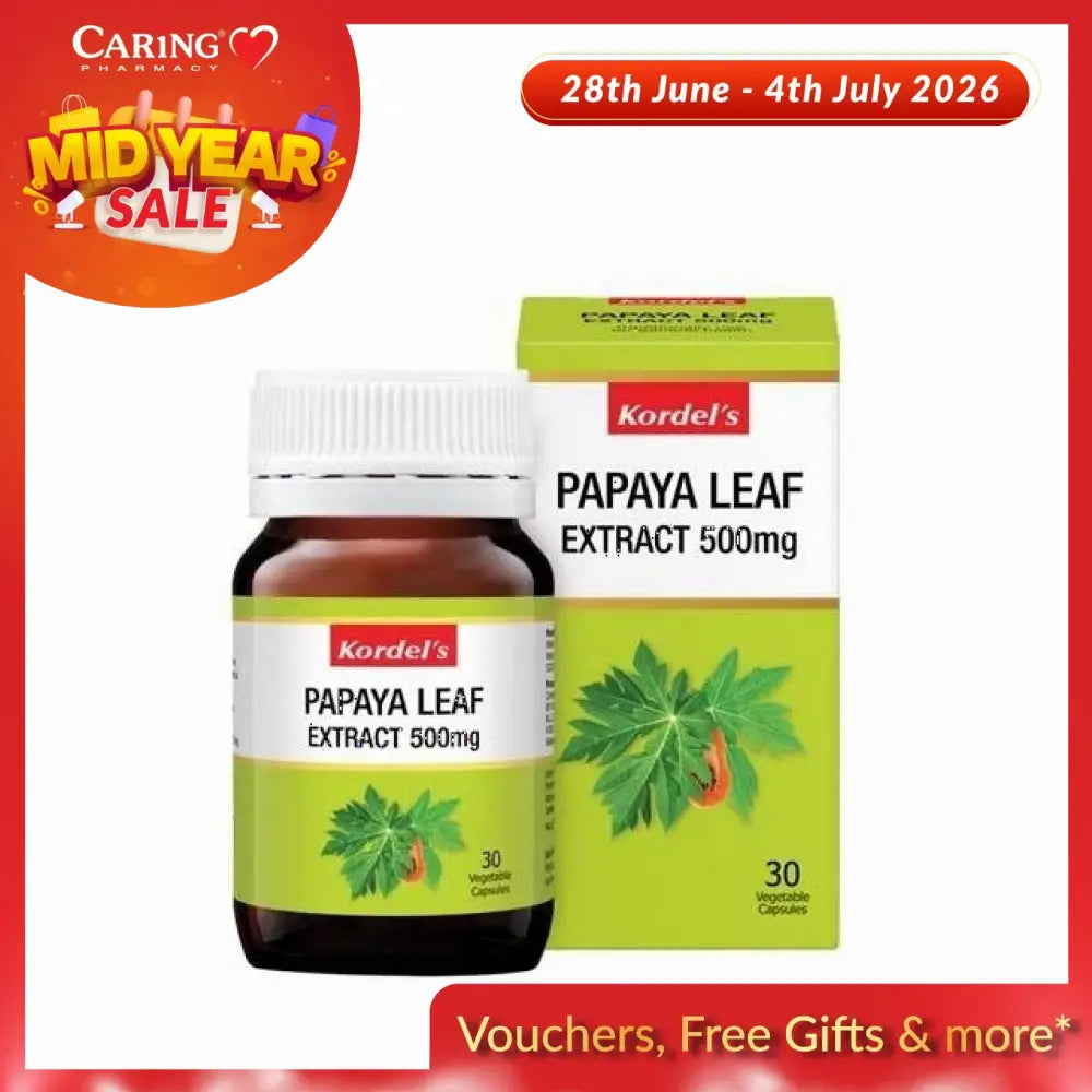 Kordel's papaya leaf extract 500mg in a bottle with 30 vegetable capsules and green packaging