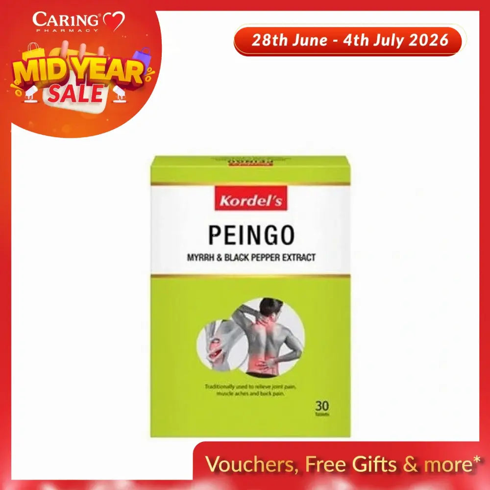 Kordel's Peingo tablets for joint pain in a green box with 30 tablets, featuring myrrh and black pepper extract