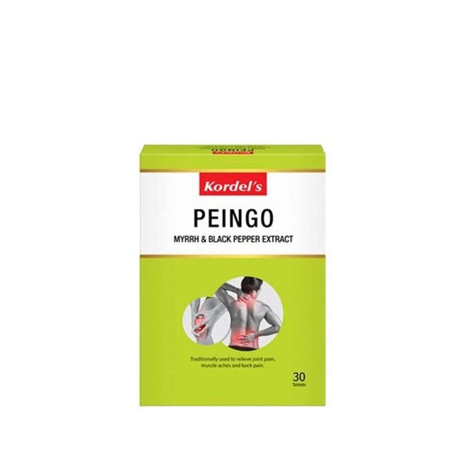 Kordel's Peingo tablets for joint pain in a green box with 30 tablets, featuring myrrh and black pepper extract