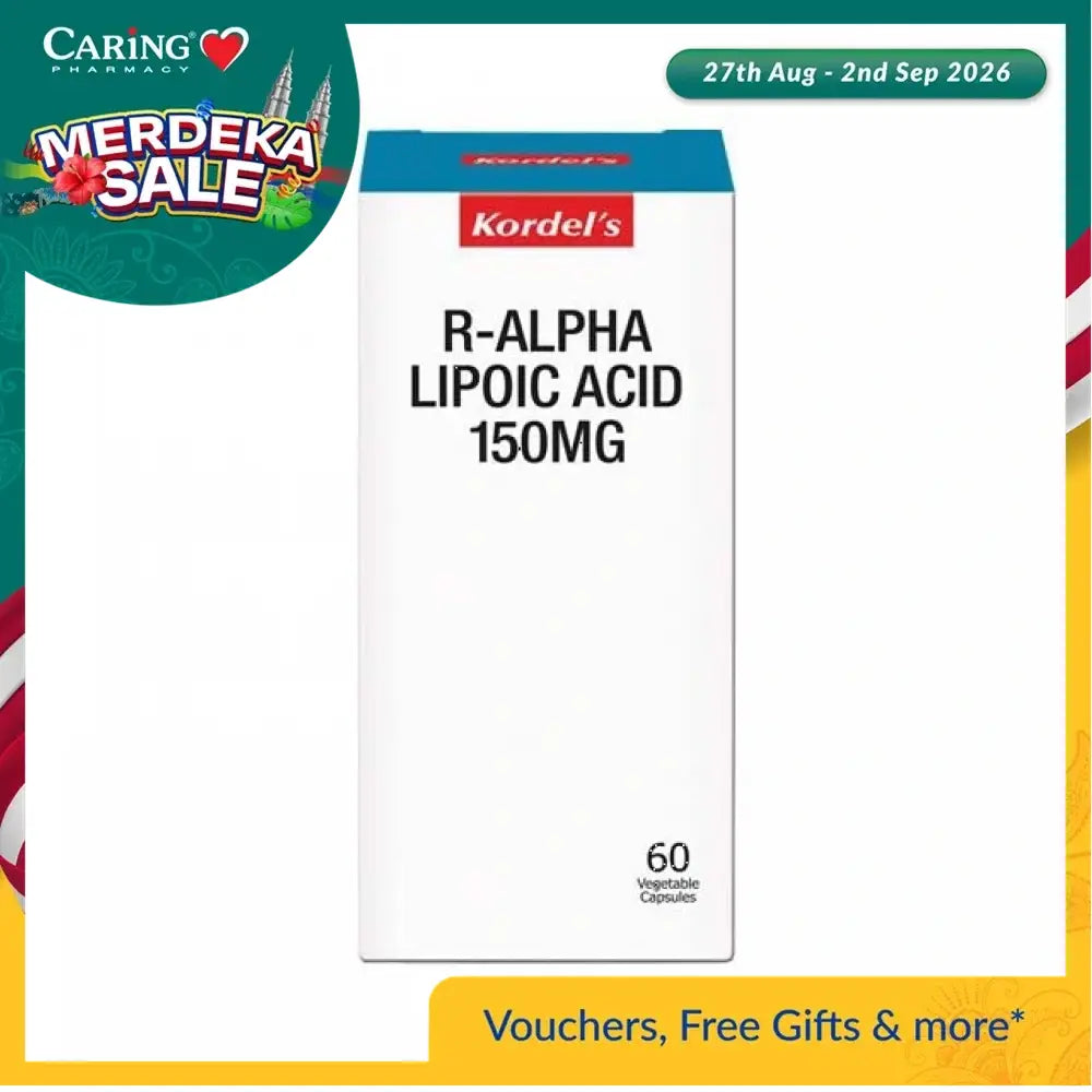 Kordel's R-Alpha Lipoic Acid 150mg bottle containing 60 vegetable capsules for antioxidant support