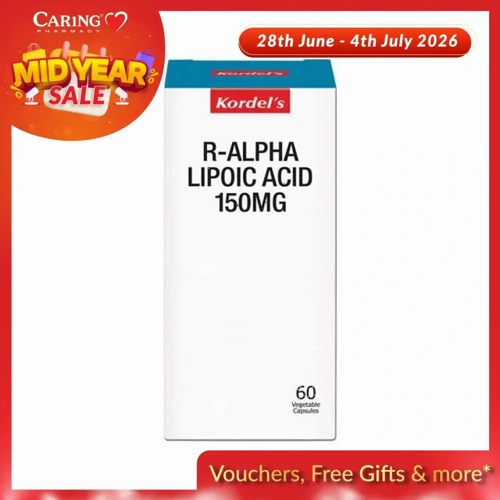 Kordel's R-Alpha Lipoic Acid 150mg bottle containing 60 vegetable capsules for antioxidant support