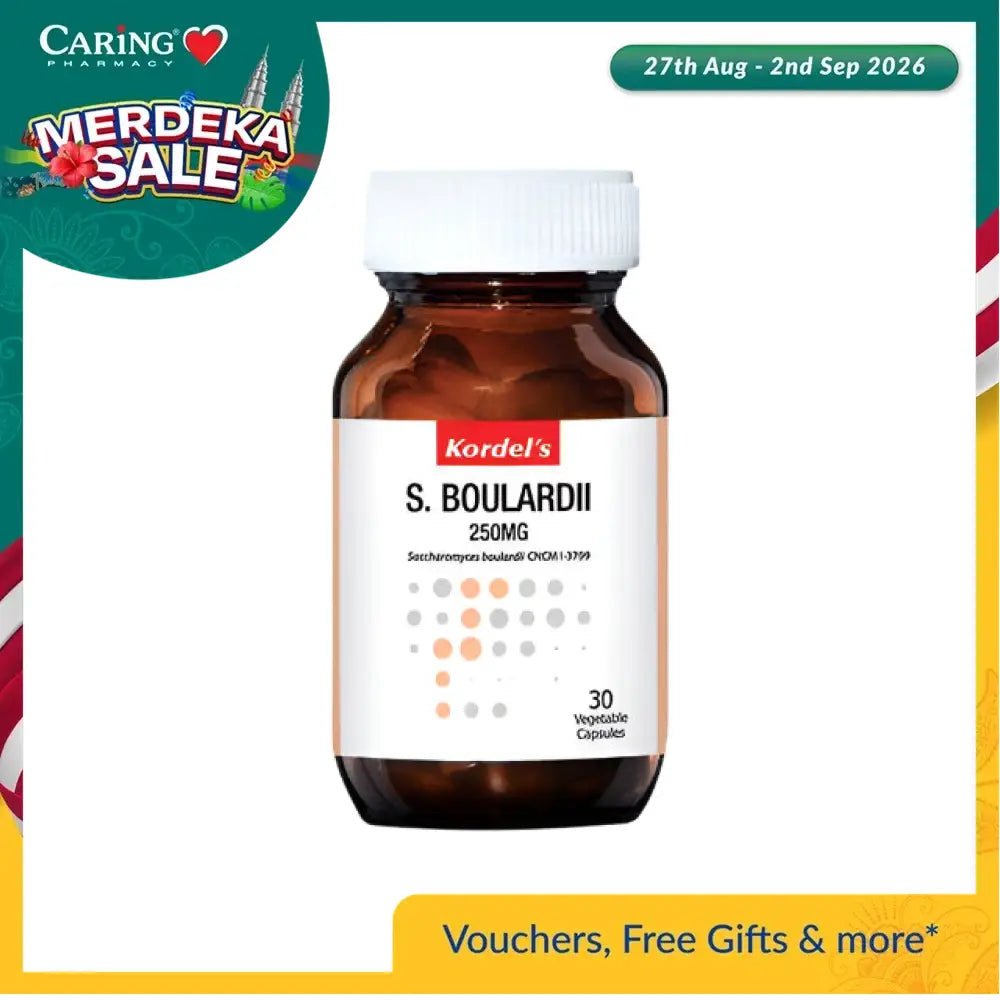 Kordel's S. Boulardii 250mg supplement in a brown bottle with 30 vegetable capsules