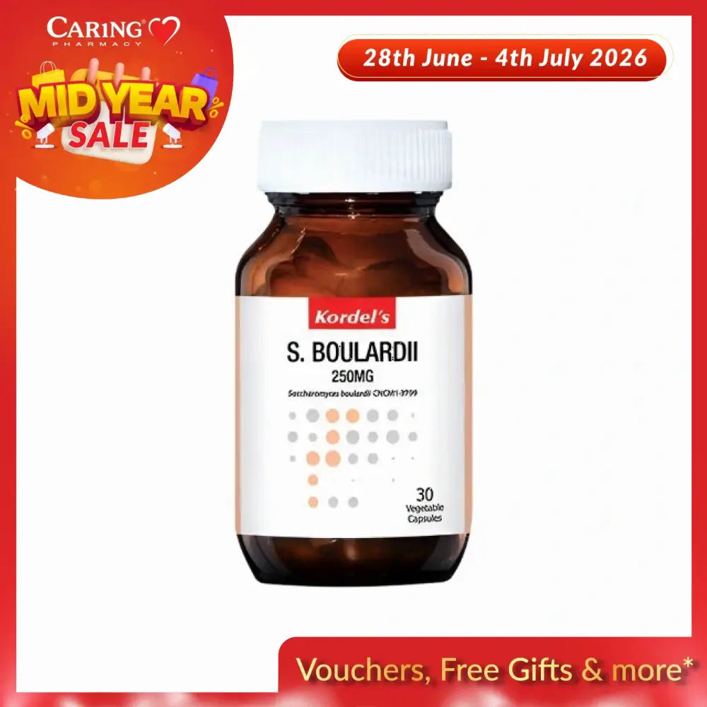 Kordel's S. Boulardii 250mg supplement in a brown bottle with 30 vegetable capsules