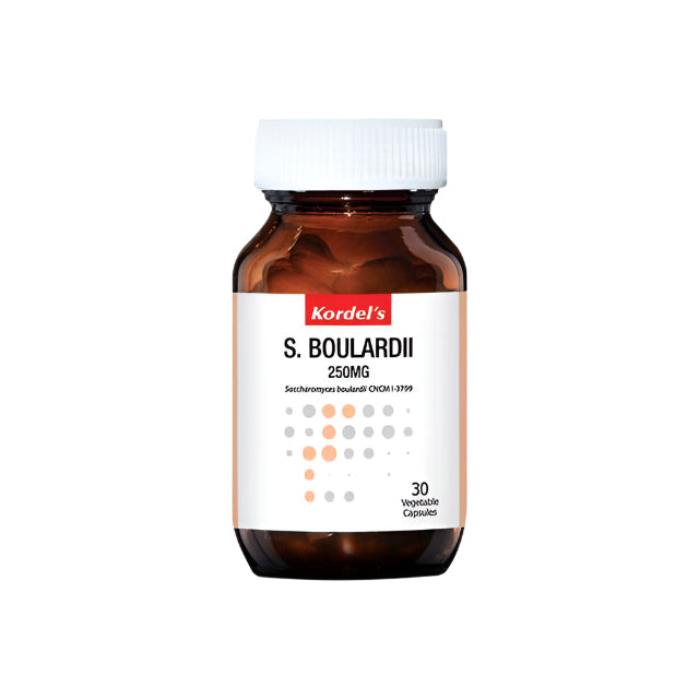 Kordel's S. Boulardii 250mg supplement in a brown bottle with 30 vegetable capsules