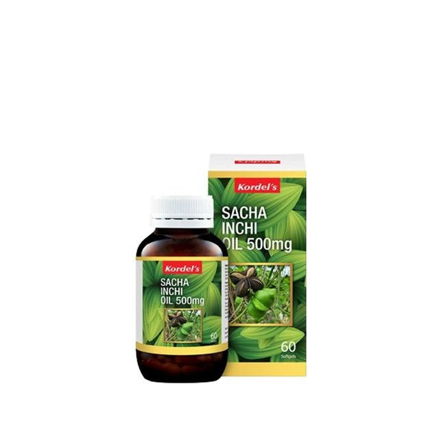 KORDEL'S Sacha Inchi Oil Supplement 500mg in a 60 softgel bottle for health benefits