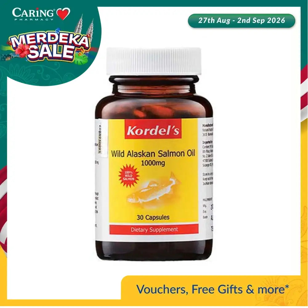 Kordel's salmon oil 1000mg dietary supplement in a bottle containing 30 capsules