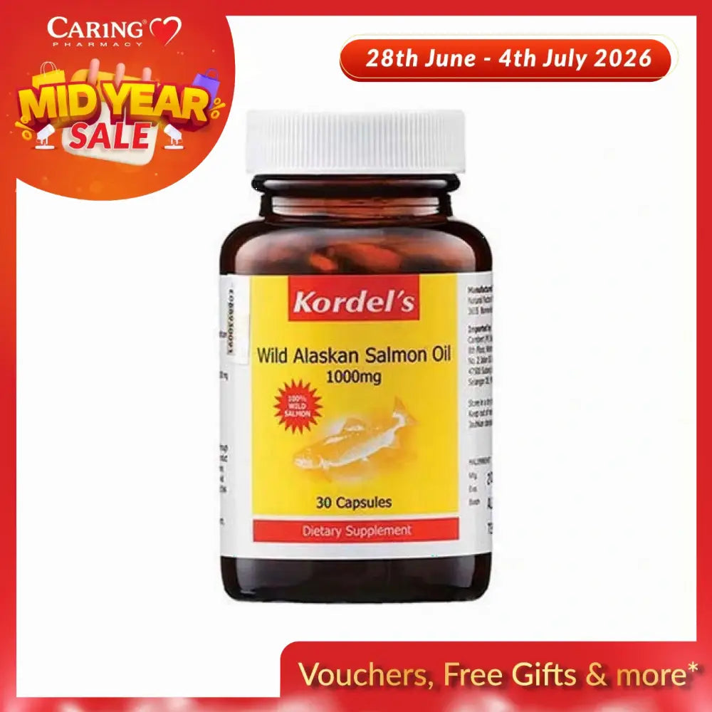 Kordel's salmon oil 1000mg dietary supplement in a bottle containing 30 capsules