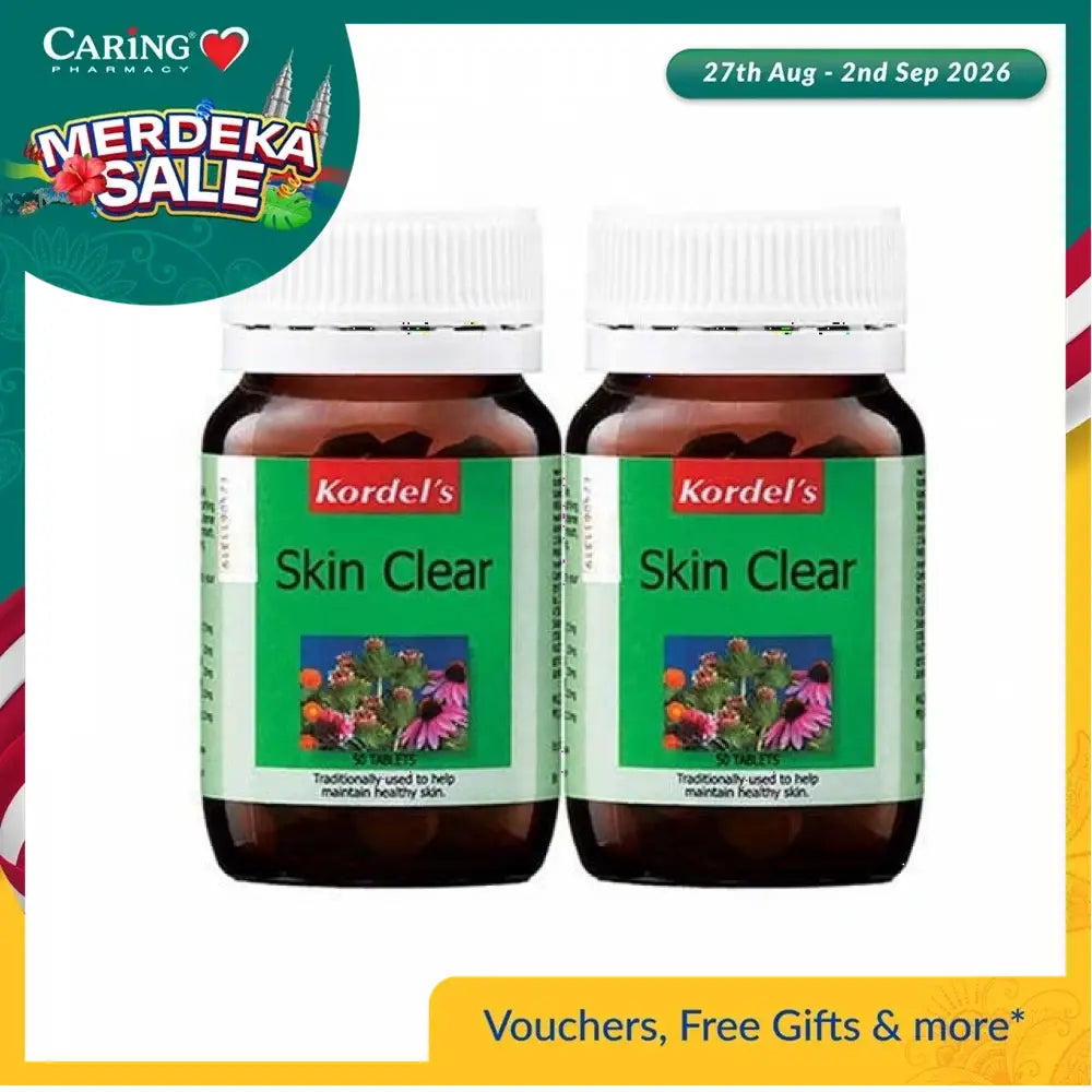 Kordel's Skin Clear supplement in two bottles for promoting healthy skin