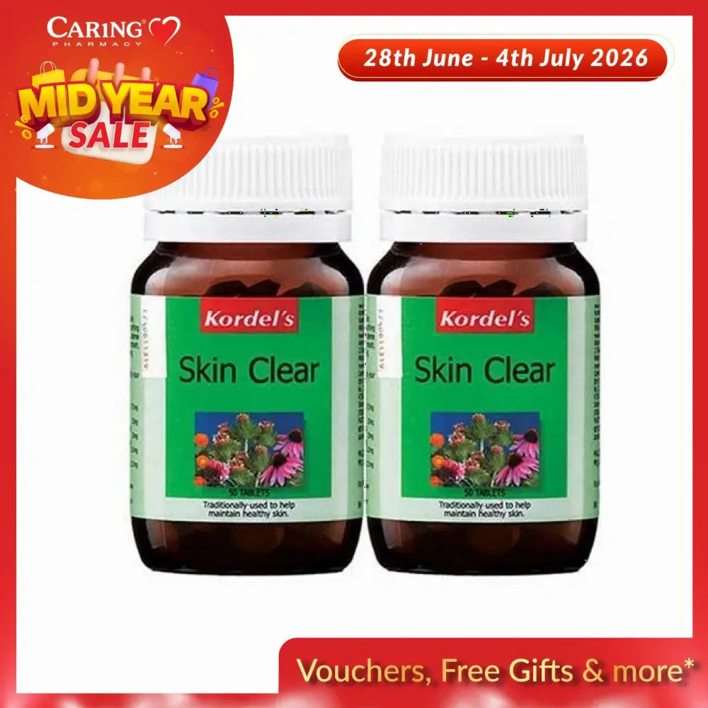 Kordel's Skin Clear supplement in two bottles for promoting healthy skin