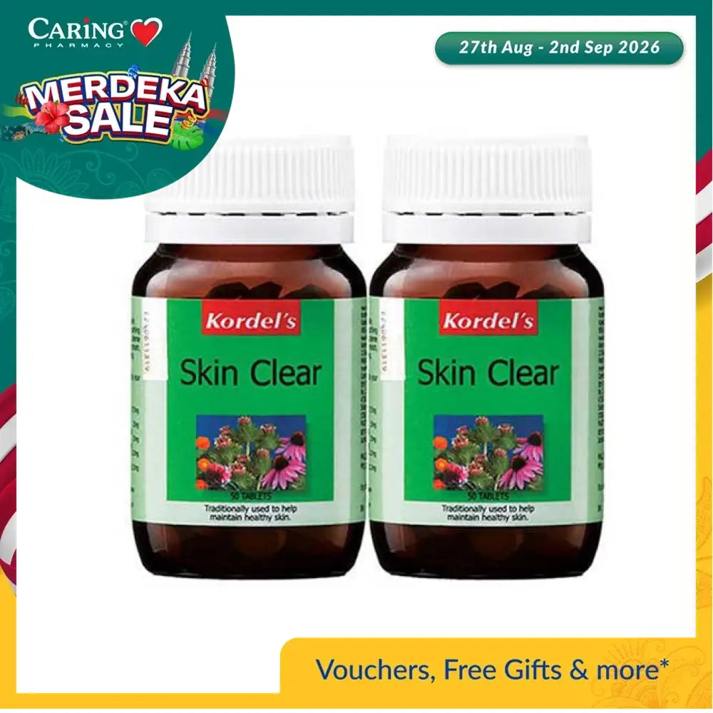 Kordel's Skin Clear supplement in two bottles for promoting healthy skin