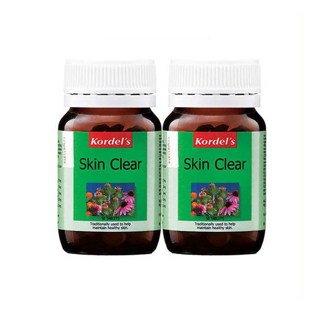 Kordel's Skin Clear supplement in two bottles for promoting healthy skin