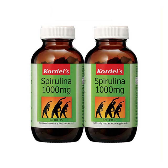 Kordel's Spirulina 1000mg tablets in two bottles, each with 120 tablets for dietary support