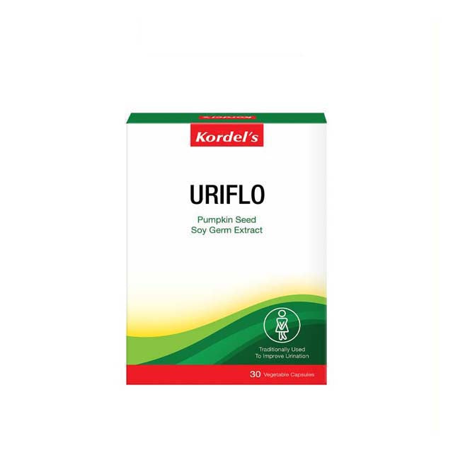 Kordel's Uriflo 30s supplement box featuring pumpkin seed and soy germ extract for urinary health