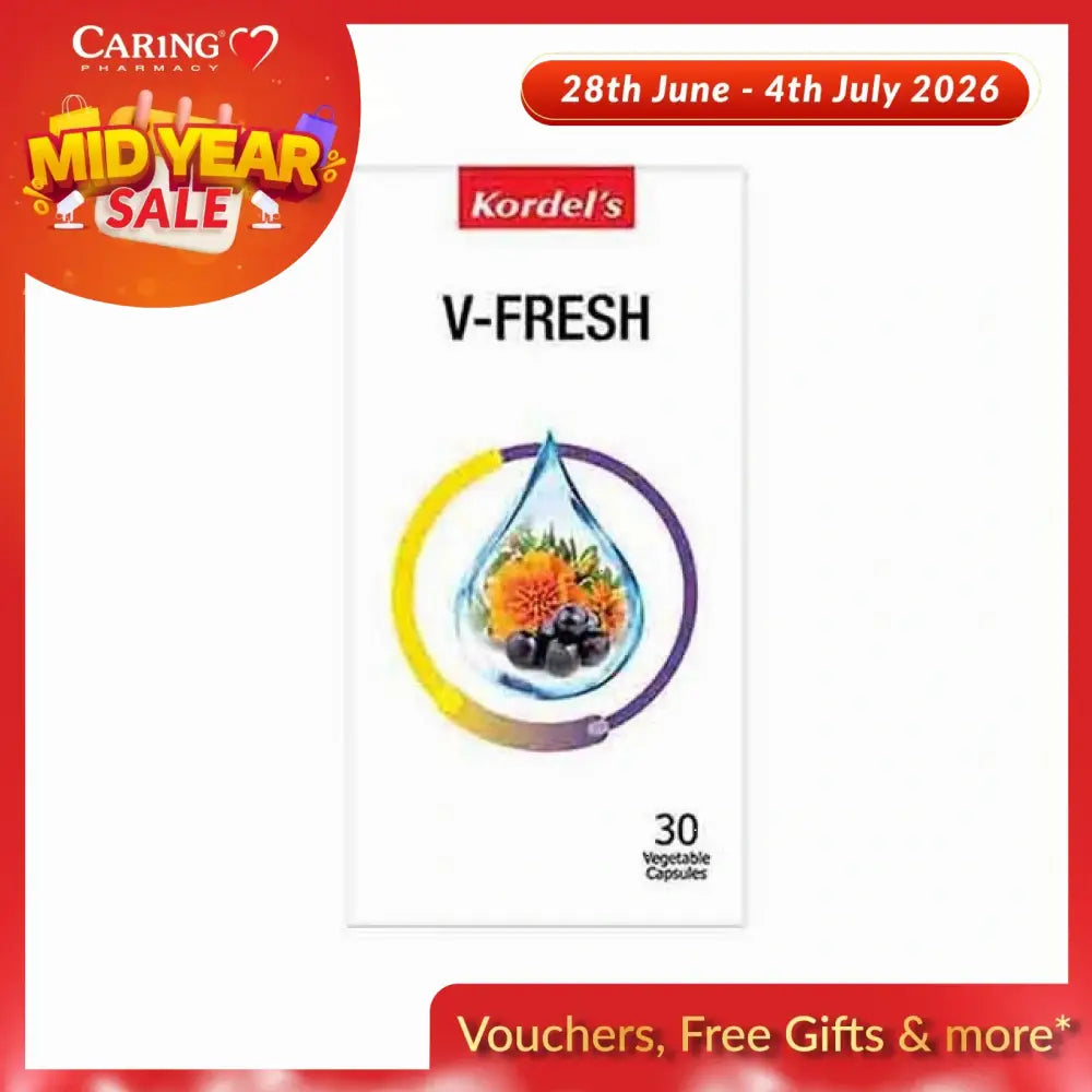 Kordel's V-Fresh supplement packaging featuring 30 vegetable capsules for daily wellness