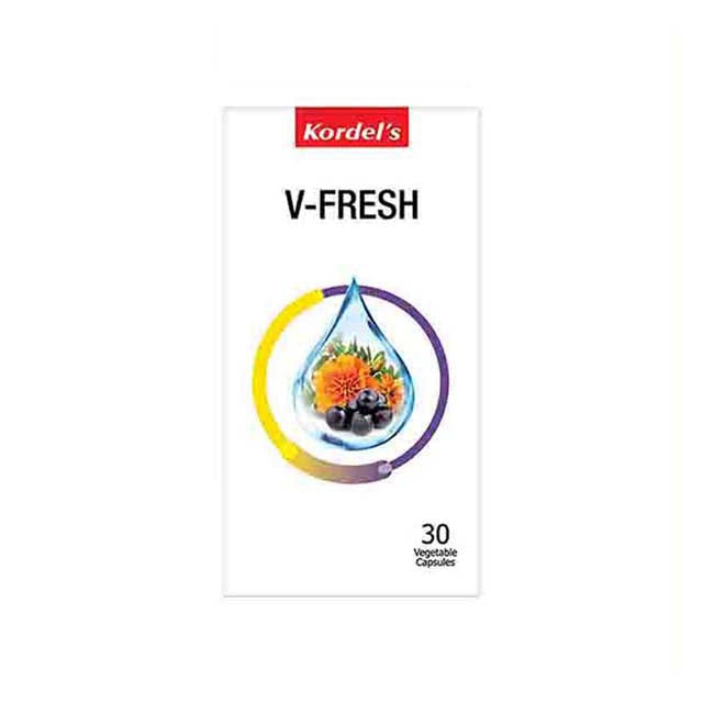 Kordel's V-Fresh supplement packaging featuring 30 vegetable capsules for daily wellness