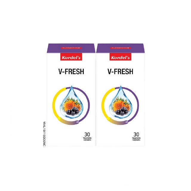 Kordel's V-Fresh supplement boxes with 30 capsules each for daily health support