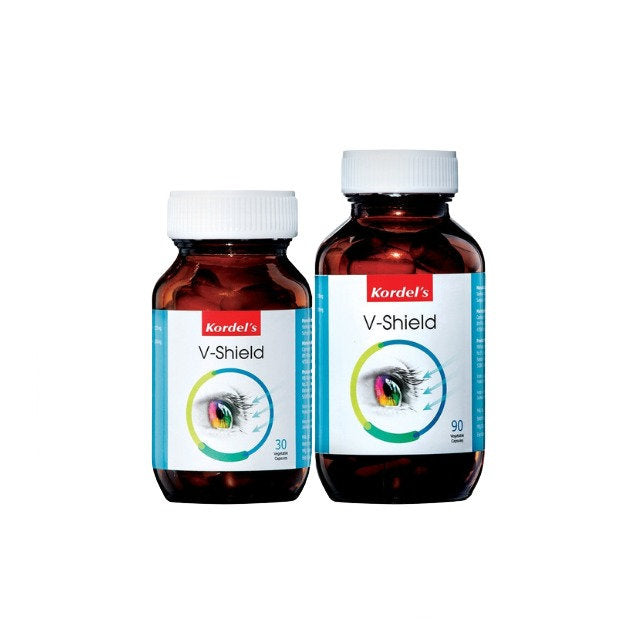 Kordel's V-Shield supplement bottles featuring 30 and 90 capsules for immune support