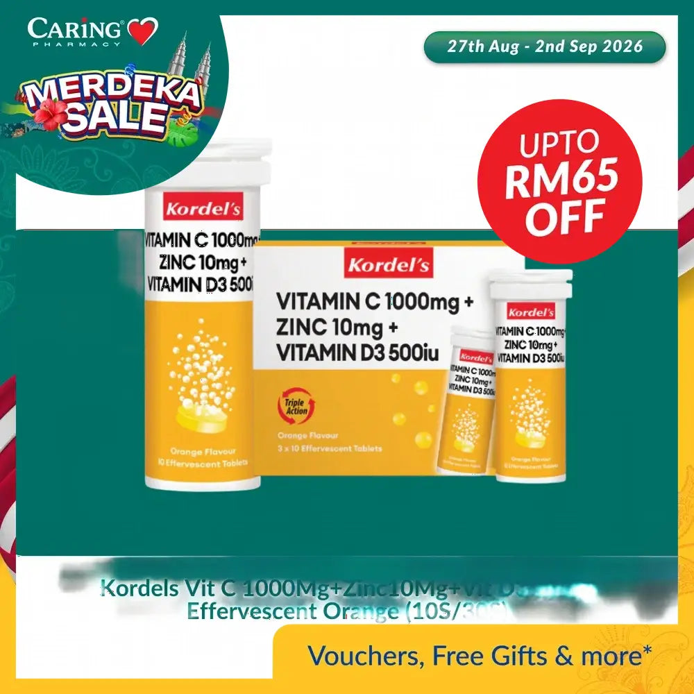 Kordels Vit C 1000Mg + Zinc10Mg + Vit D3 500Iu Effervescent Orange (10S/30S)
