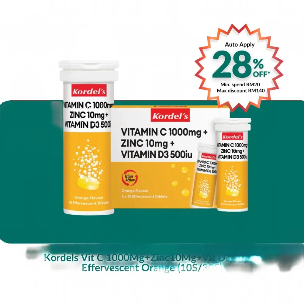 Kordels Vit C 1000Mg + Zinc10Mg + Vit D3 500Iu Effervescent Orange (10S/30S)