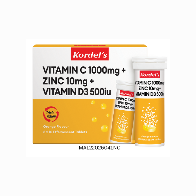 Kordel's Vitamin C 1000mg with Zinc and Vitamin D3 effervescent tablets in orange flavor