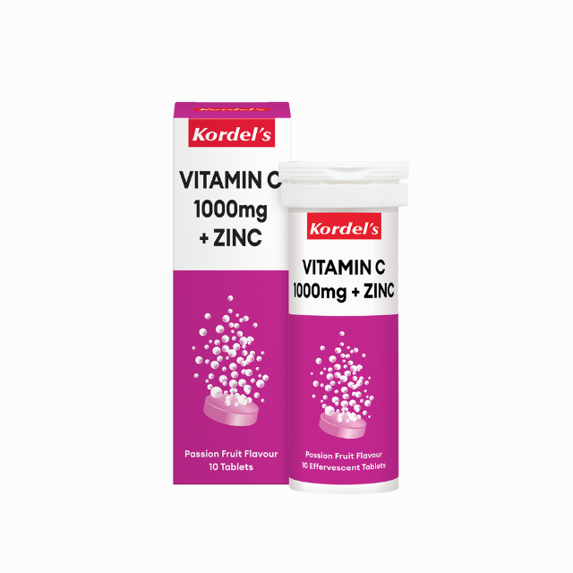 Kordel's Vitamin C 1000mg with Zinc Effervescent Tablets in Passion Fruit Flavor with Packaging